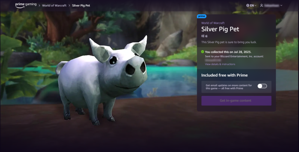 Prime Gaming free Silver Pig Pet World of Warcraft